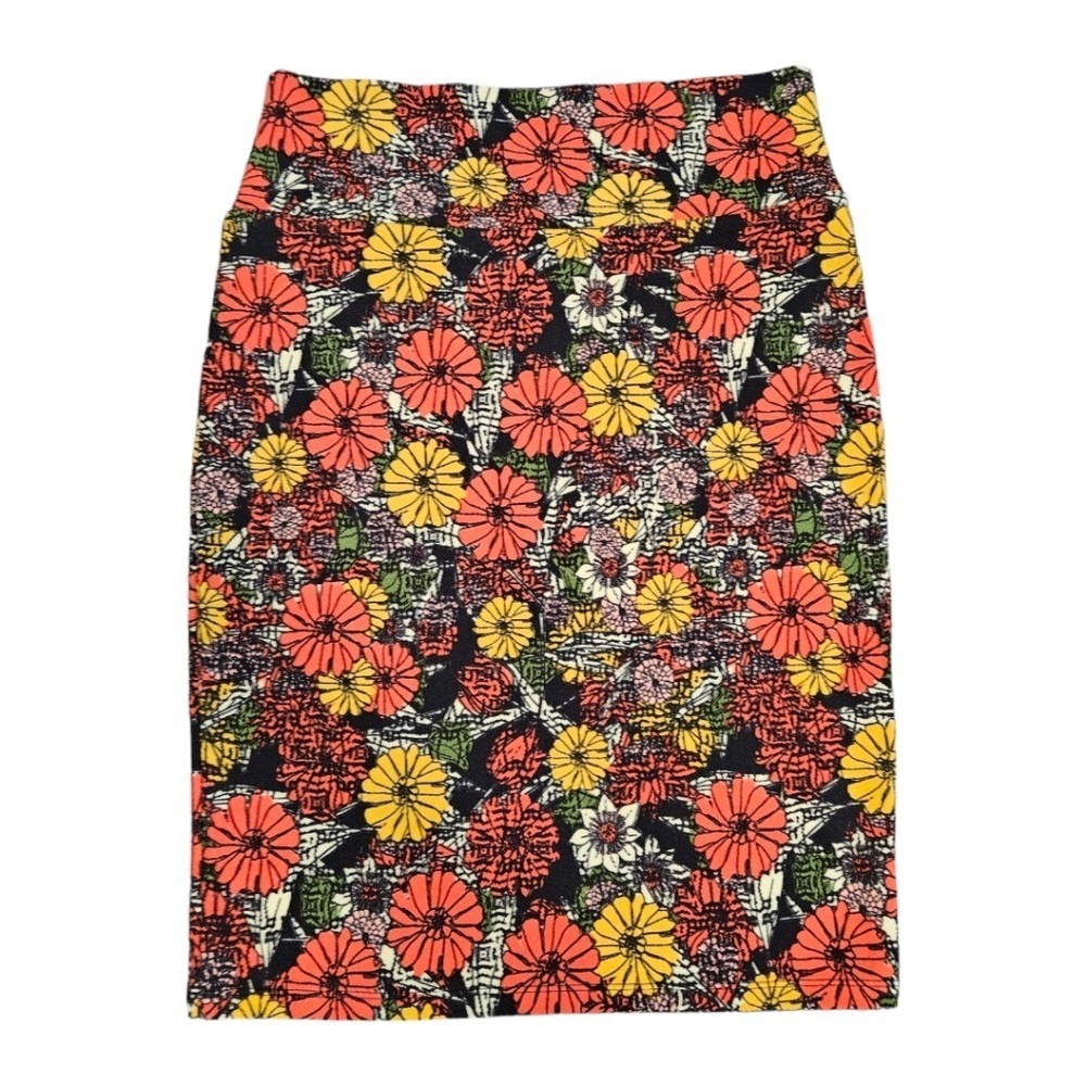 LuLaRoe Womens Cassie Orange Floral Pencil Skirt M Knee Length Casual Retro 70s